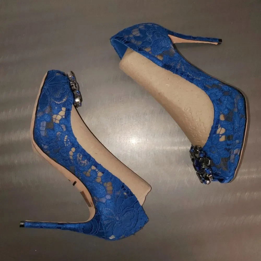 DOLCE & GABBANA Taormina Lace Crystals Blue Peep Toe Pump Heel Twee 39.5 - Picture 3 of 15